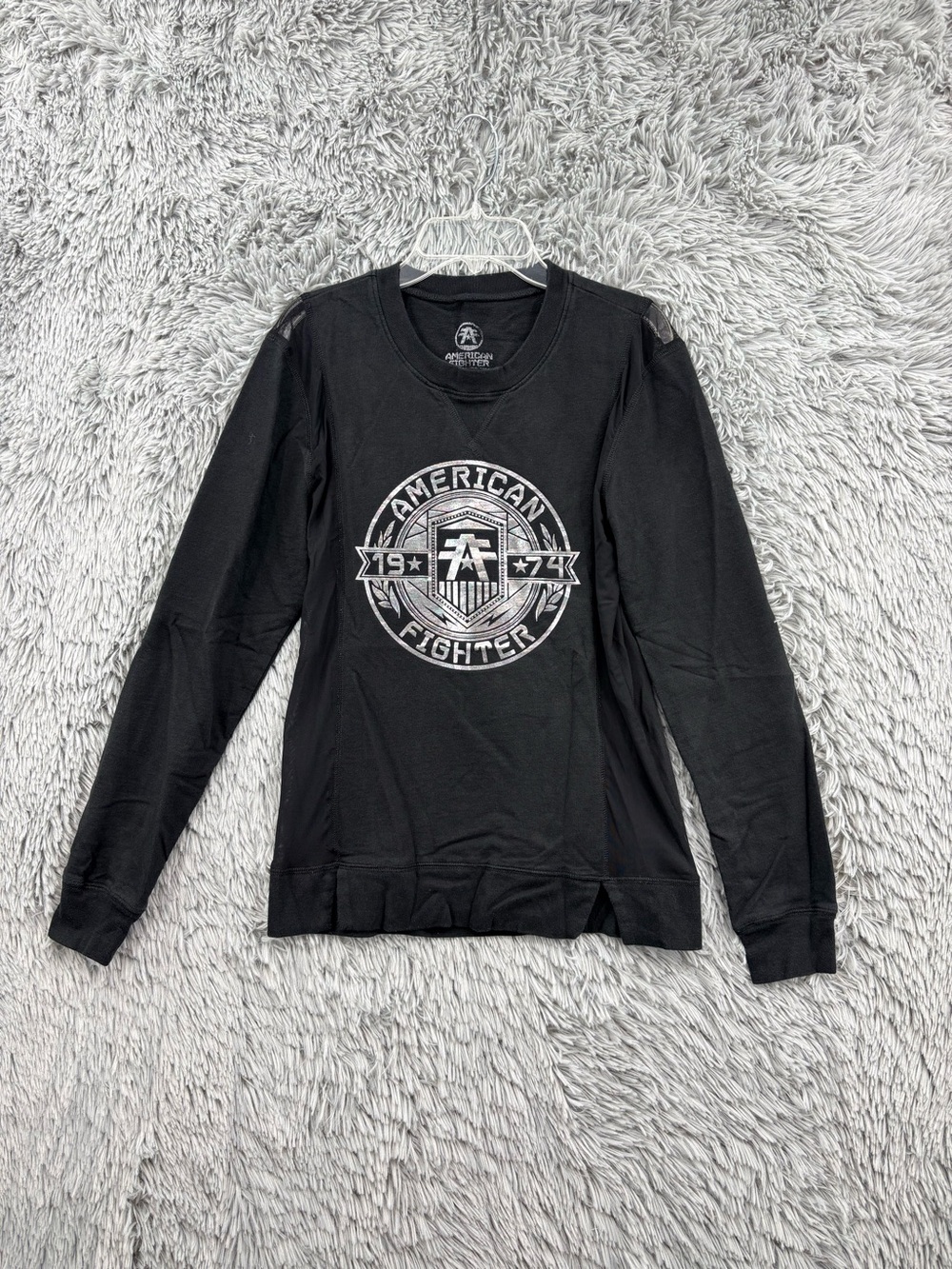 American Fighter Sweatshirt Womens Small Black Graphic Sheer Panels Lightweight